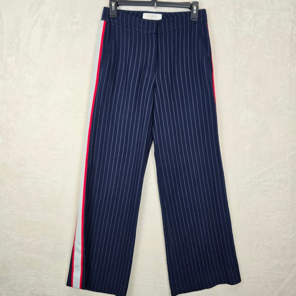 La Ligne Navy Blue Pinstripe Wide Leg Pants Red White Side Stripe Size 0